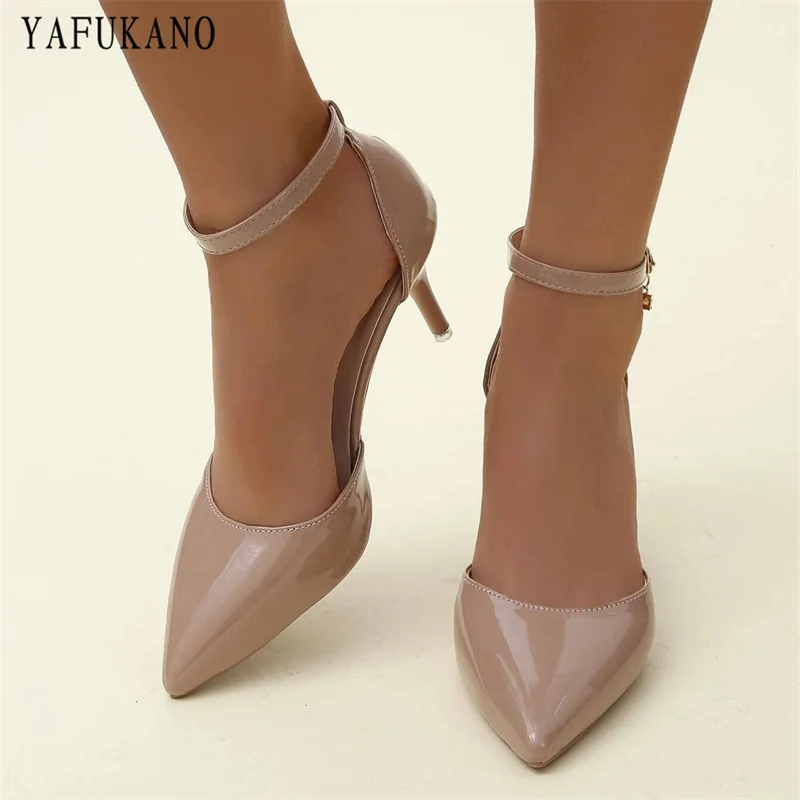 Nude Patent Leather Pointed Toe Ankle Strap Pumps 2024 Summer New Stiletto Mid Hollow Womens Sandals Sexy Party Dress Shoes