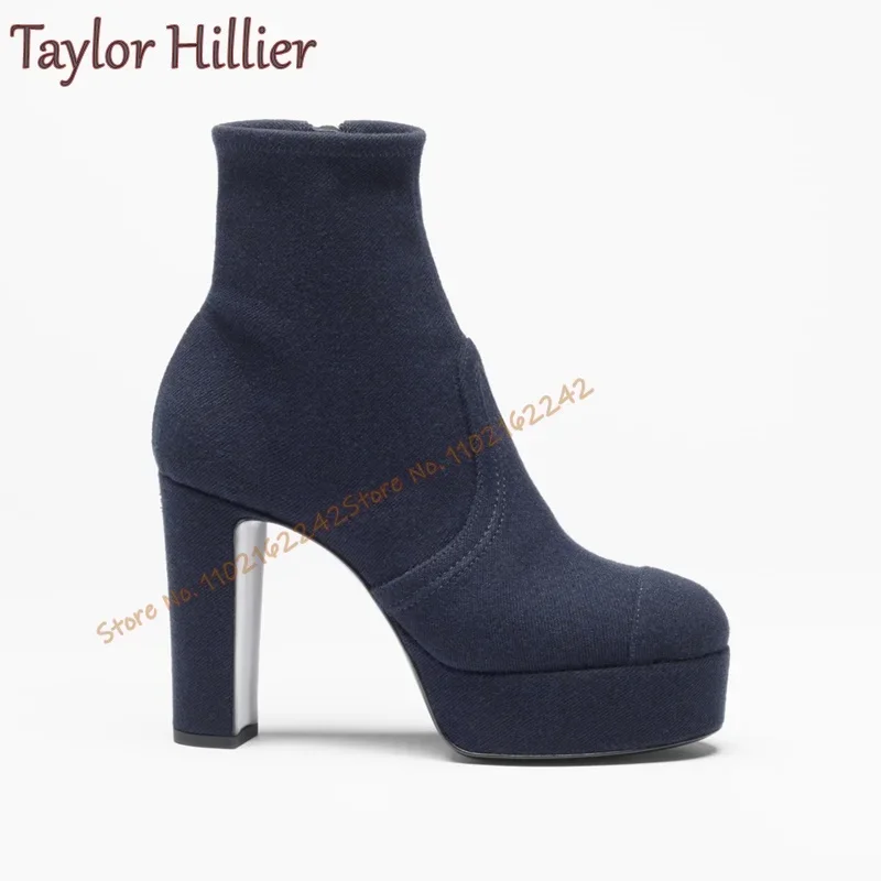 

Winter Cowboy Winter Boots Round Toe Thick Heel Platform Short Boots Elegant Blue Party Catwalk Side Zipper Short Boots Women 43