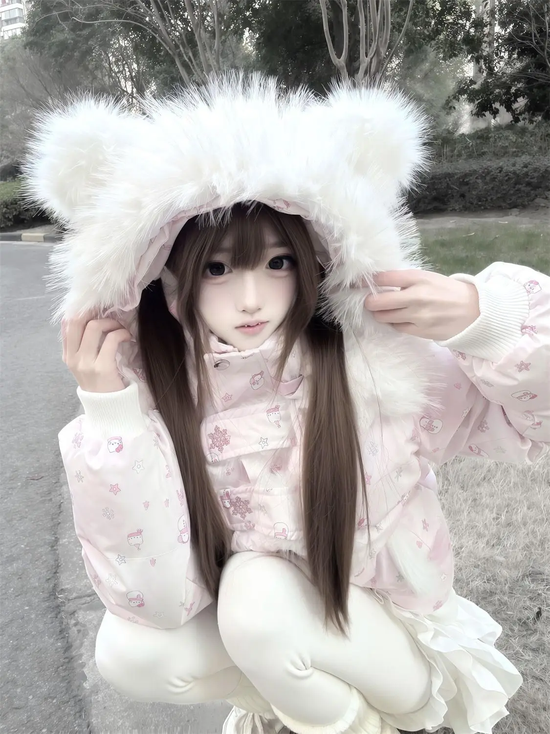 Winter Sweet Kawaii Japanese Snowman Print Hooded Faux Fur Puffer Parka Women Thick Warm Loose Fit Coat Casual Streetwear 2026
