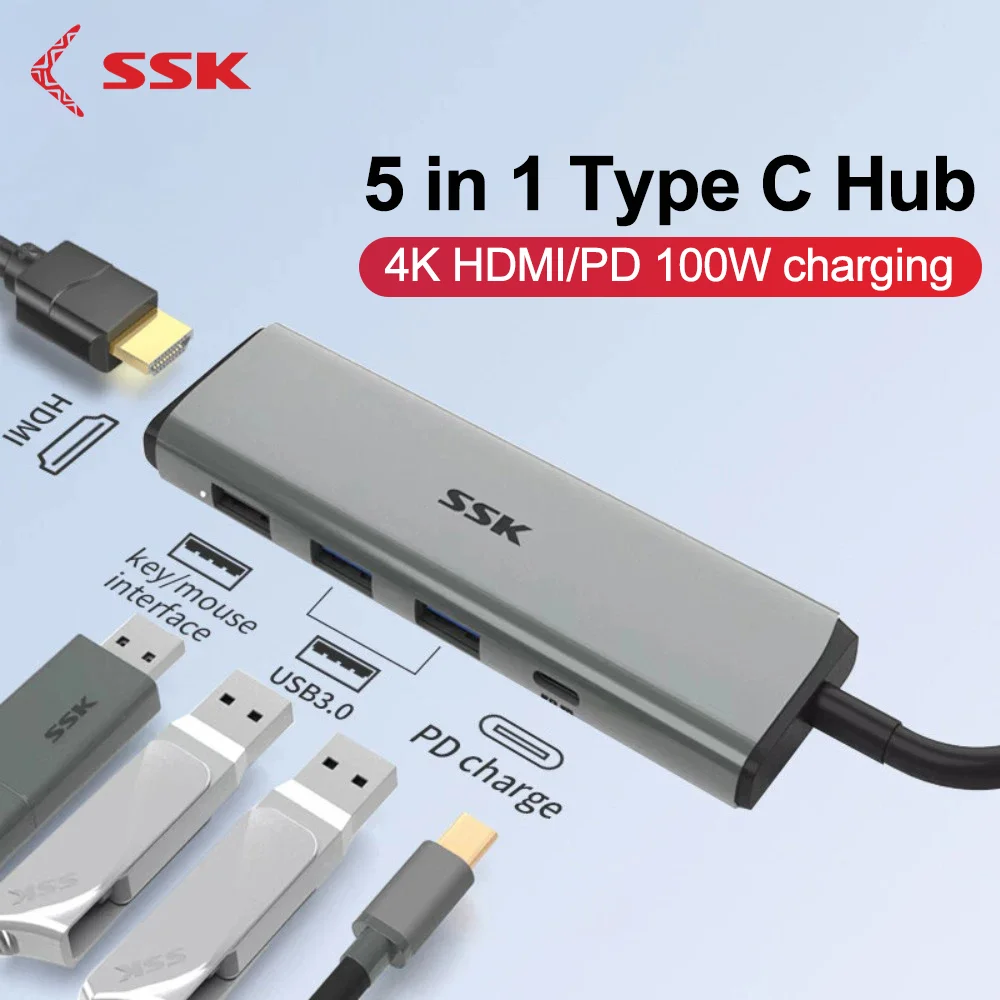 

SSK 5 in 1 USB C Hub 4K 60Hz HDMI USB HUB 100W Multiport Adapter for MacBook Pro/Air, iPad Pro, iMac, iPhone 15 Pro/Pro Max, XPS