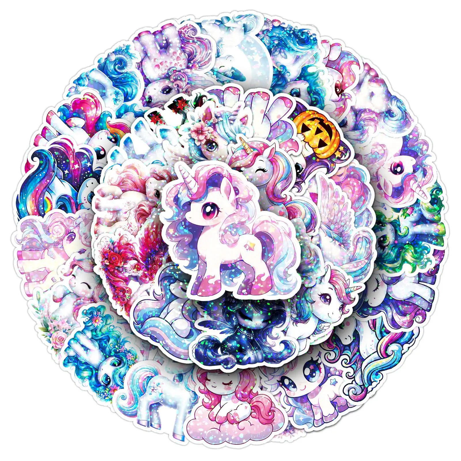 10/30/50PCS Flash Film Laser Rainbow Horse Unicorn Cartoon Animal Stickers for Water Cup Phone Computer Notebook Stationery