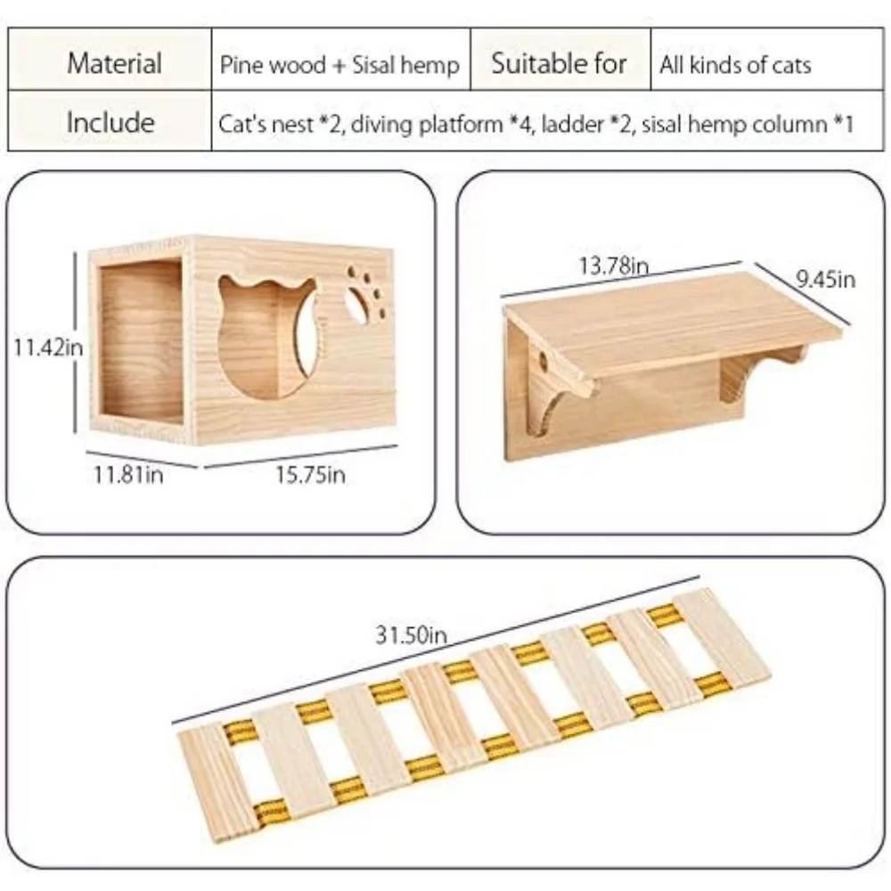 9-delige muur houten klimmerset - 2 kattenkruidhuizen en 4 planken en 2 ladders en 1 sisal kattenkrabpaal kattenstappen