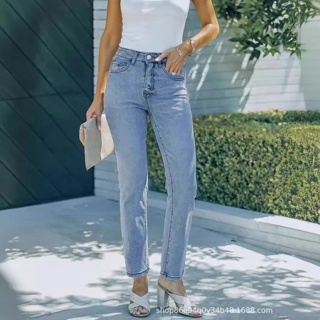 

Four Seasons Light Blue Casual Straight-leg Jeans,new Fashionable, Simple, Versatile and Elastic Cigarette Tube Pants for Women