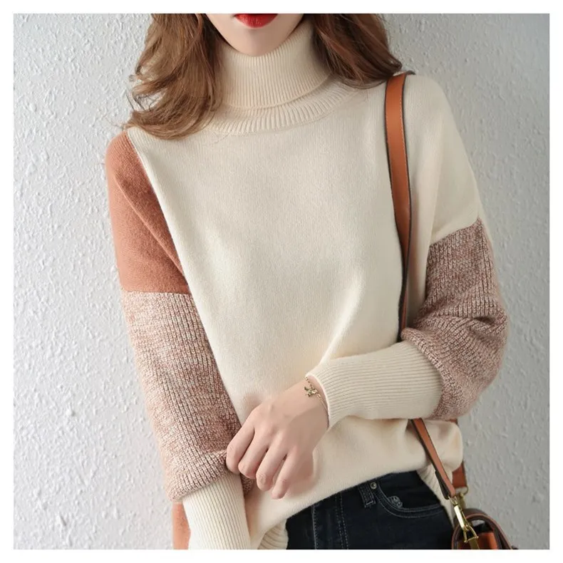 JFUNCY 2022 Knitted Sweaters Tops Women Turtleneck Winter Clothes Woman Loose Jumper Women's Korean Fashion Patchwork Pullover