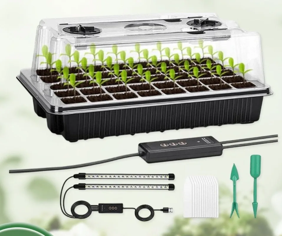 1 Set of Thickened Seed Starter Trays with Tall Domes and Full-Spectrum Grow Lights (1-to-4 Splitter, Cycle Timer, Dimmable)