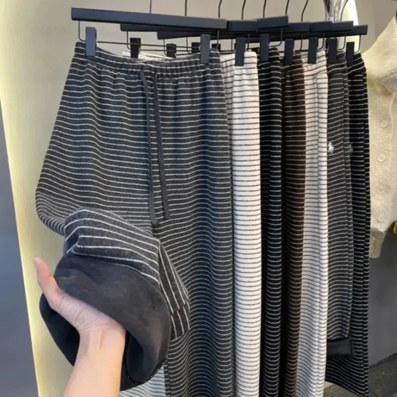 Autumn and Winter New Warm Retro Striped Casual Pants with Fleece Women's Korean Version High Waist Straight Leg Wide Leg Pants