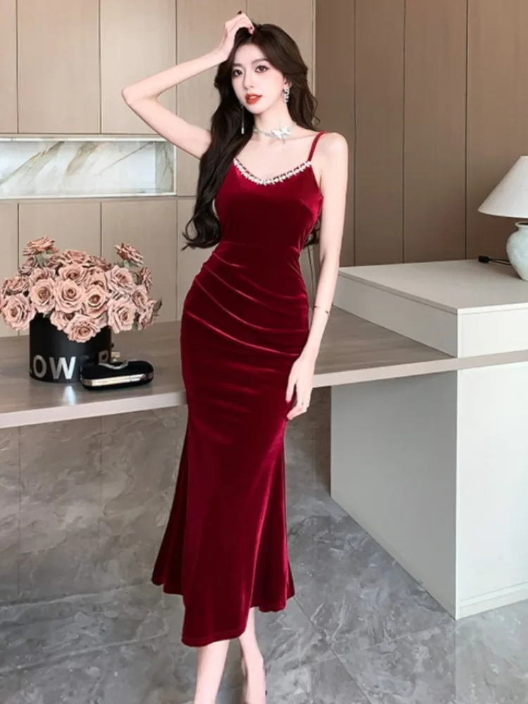 Topanoma Cocktail Dresses Women Velvet Rhinestone V Neck Sleeveless Slim Backless Velvet Evening Dress Banquet Wedding Party