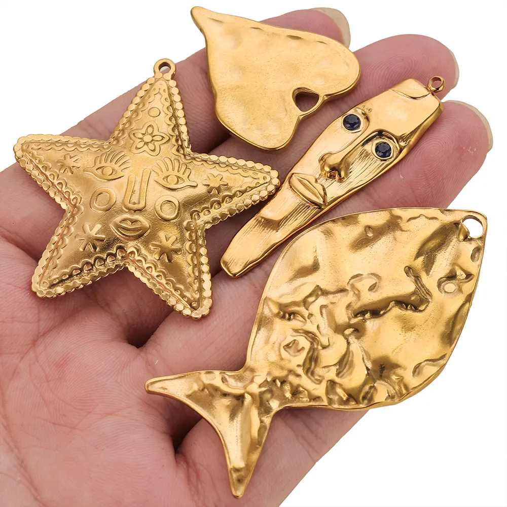 5 Stück Edelstahl-Anhänger Großer Fisch Seestern Hamsa Hand Goldanhänger für DIY Damen Halskette Ohrringe Schmuckherstellung Zubehör – Detail 2