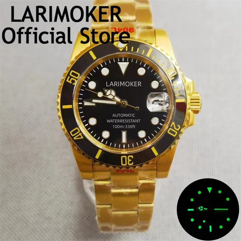 

LARIMOKER Yellow Gold Coated Nologo 40mm Mechanical Men Watch 24 Jewels NH35A PT5000 Oyster Strap Brushed Insert Sapphire Glass