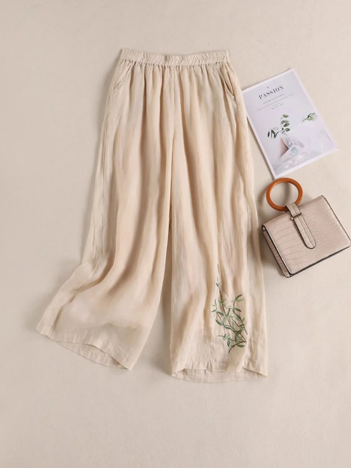 

High Waist Wide Leg Pants Women's Summer New Loose Slimming Cotton Linen Embroidery Casual Pants Nine Point Pants