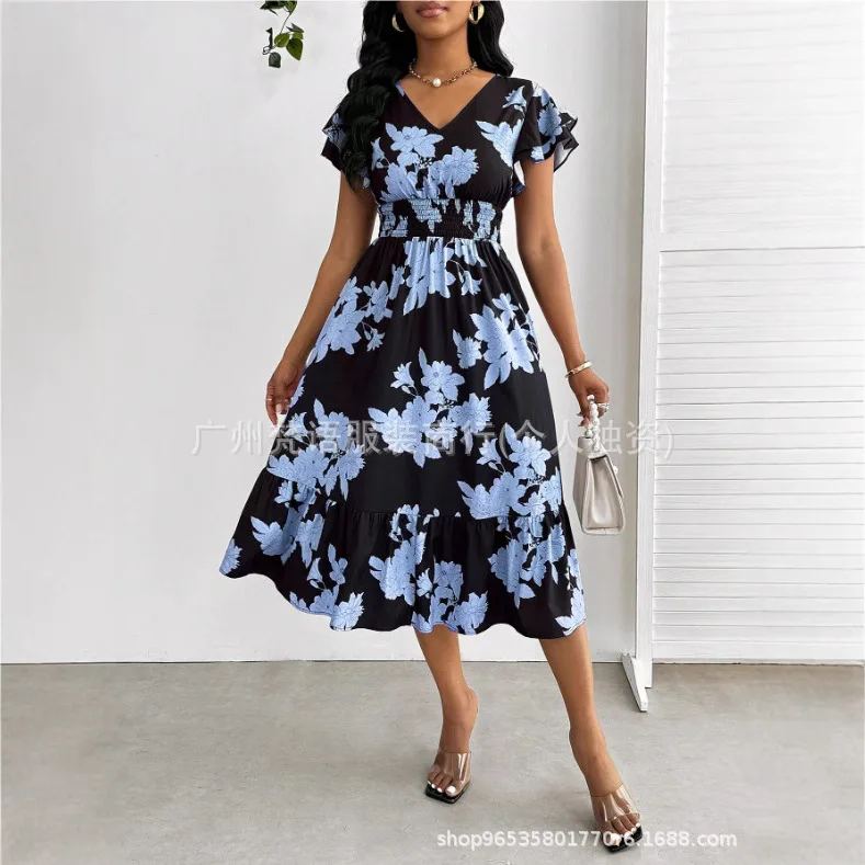 Sommermode-Kleid für Damen mit Blumendruck, V-Ausschnitt und lässigem Rüschenrand, kurzen Ärmeln, Rüschenärmeln, mittellanges Kleid