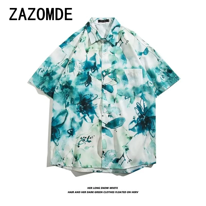 

ZAZOMDE Ethnic Style Lapel Shirt Printed Man Casual Fashion Short Sleeves Shirts Hawaiian Streetwear Oversized Unisex Clothing