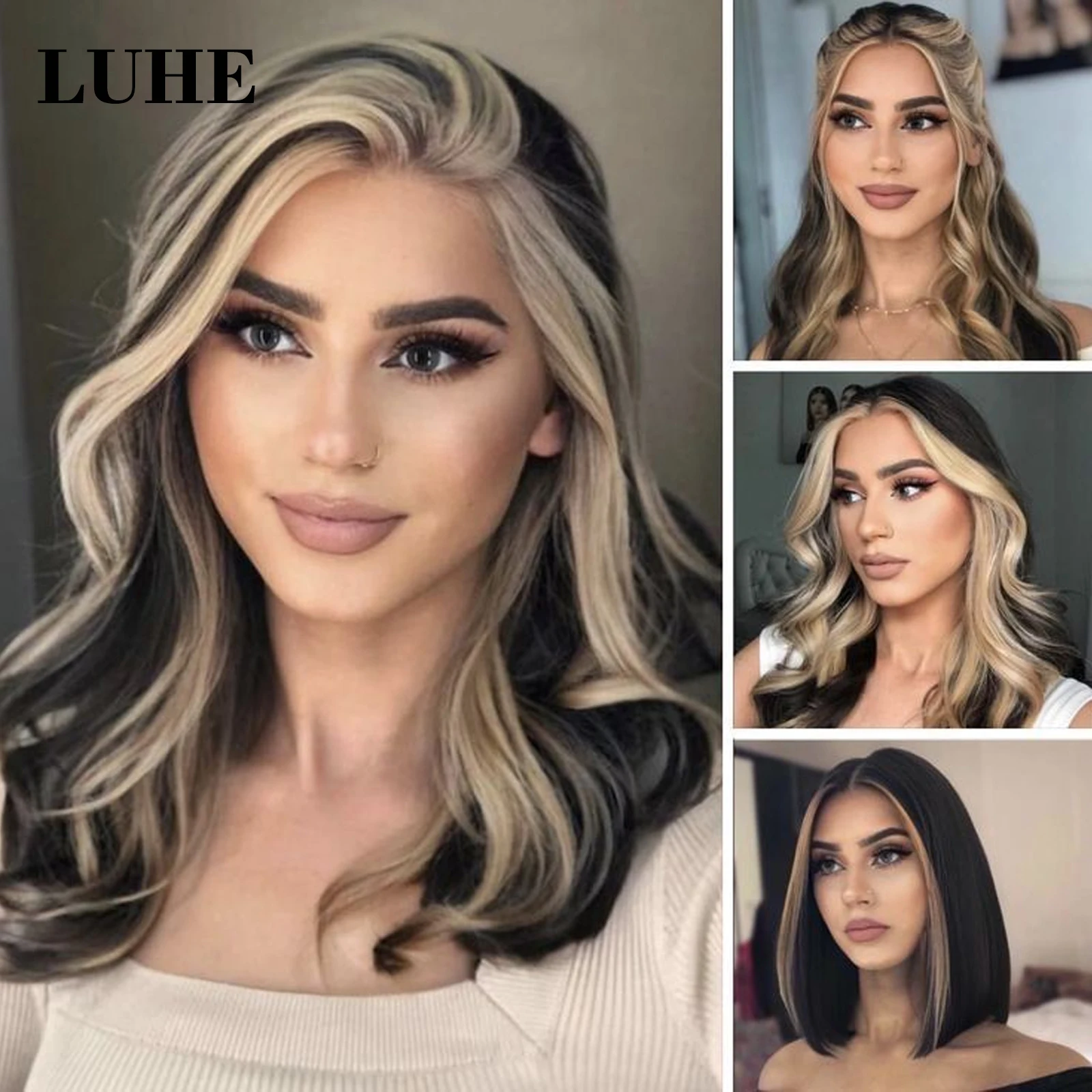 Black Color with Honey Blonde Stripe Synthetic Hair Lace Front Wigs for Women Short Body Wave 13x3 Lace Frontal Wig Daily Use