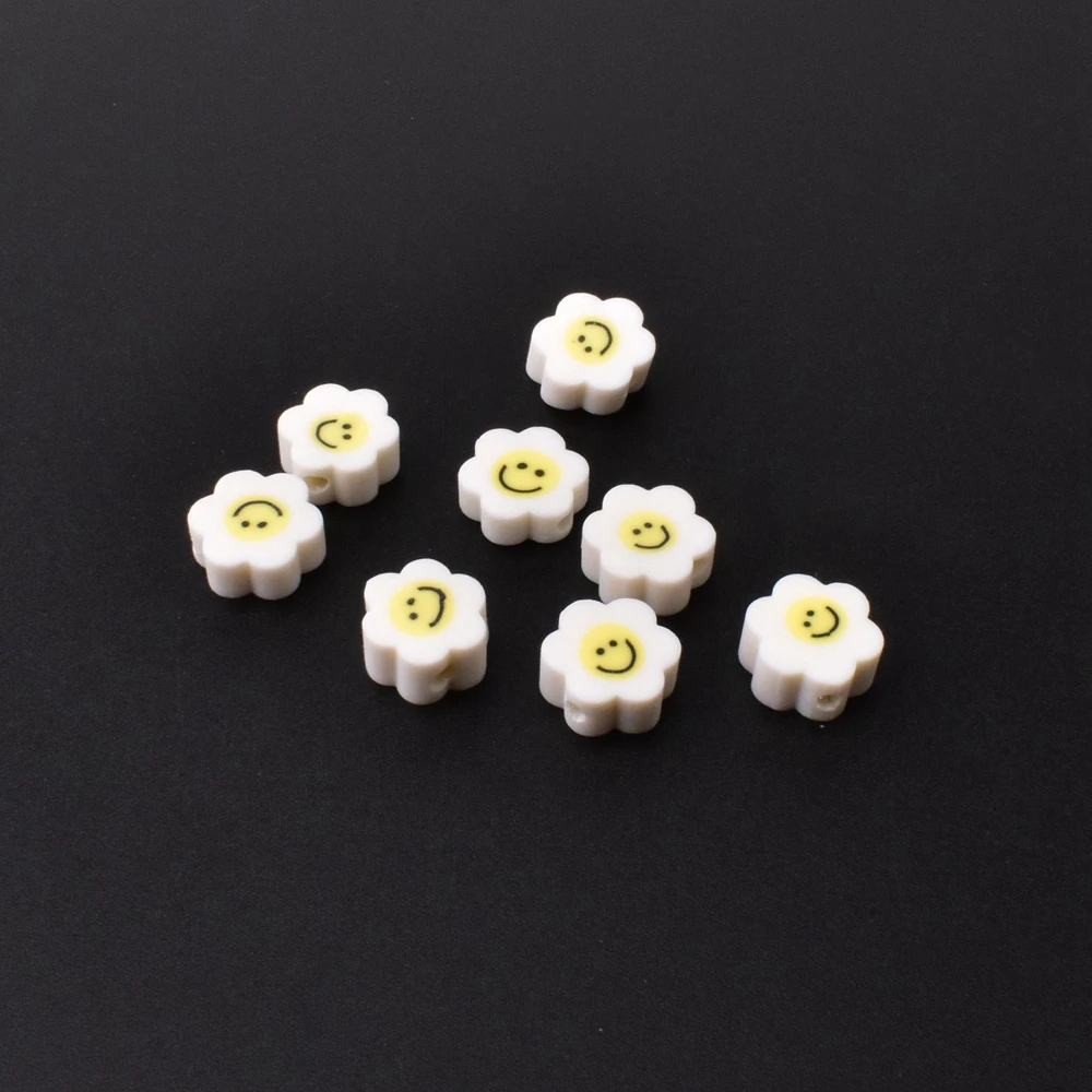 8Pcs/Lot 10mm White Flower Smiling Face Soft ceramic bead Polymer clay Bead for jewelry making