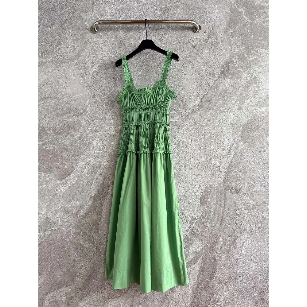 

High Quality Green Sleeveless Ruffles Frilled Pleat Midi Dress