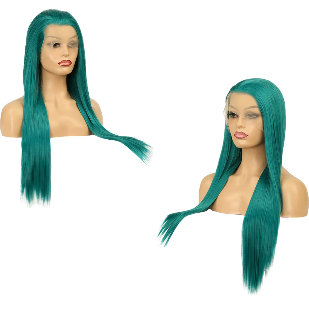 

13x4 Lace Frontal Wig 26 Inch Long Straight Teal Green Natural Hairline Heat Resistant Synthetic Wig For Women Cosplay Daily Use