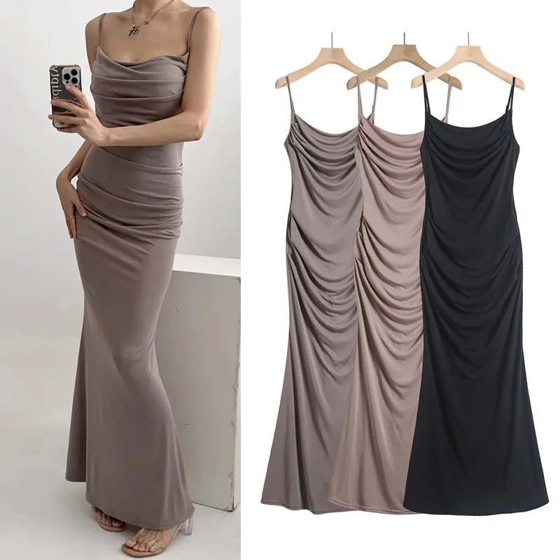 

Spicy Girl Style Off-Shoulder Strap Women 2026 Summer pleated elastic slim-fit solid color bodycon fishtail long dress