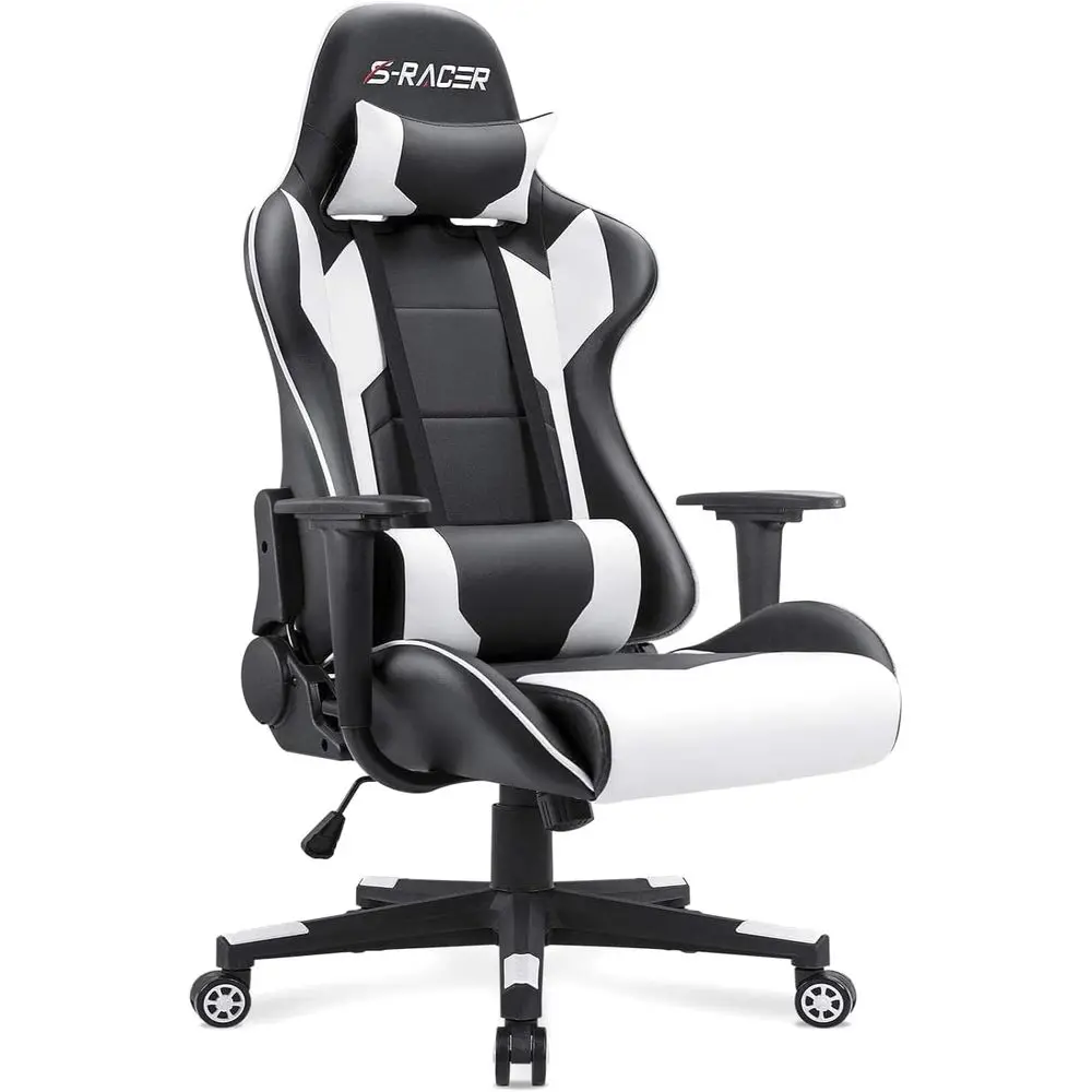 Ergonomic High-Back Leather Swivel Chair with Lumbar Support and Rest for Gaming and Office Use (White)