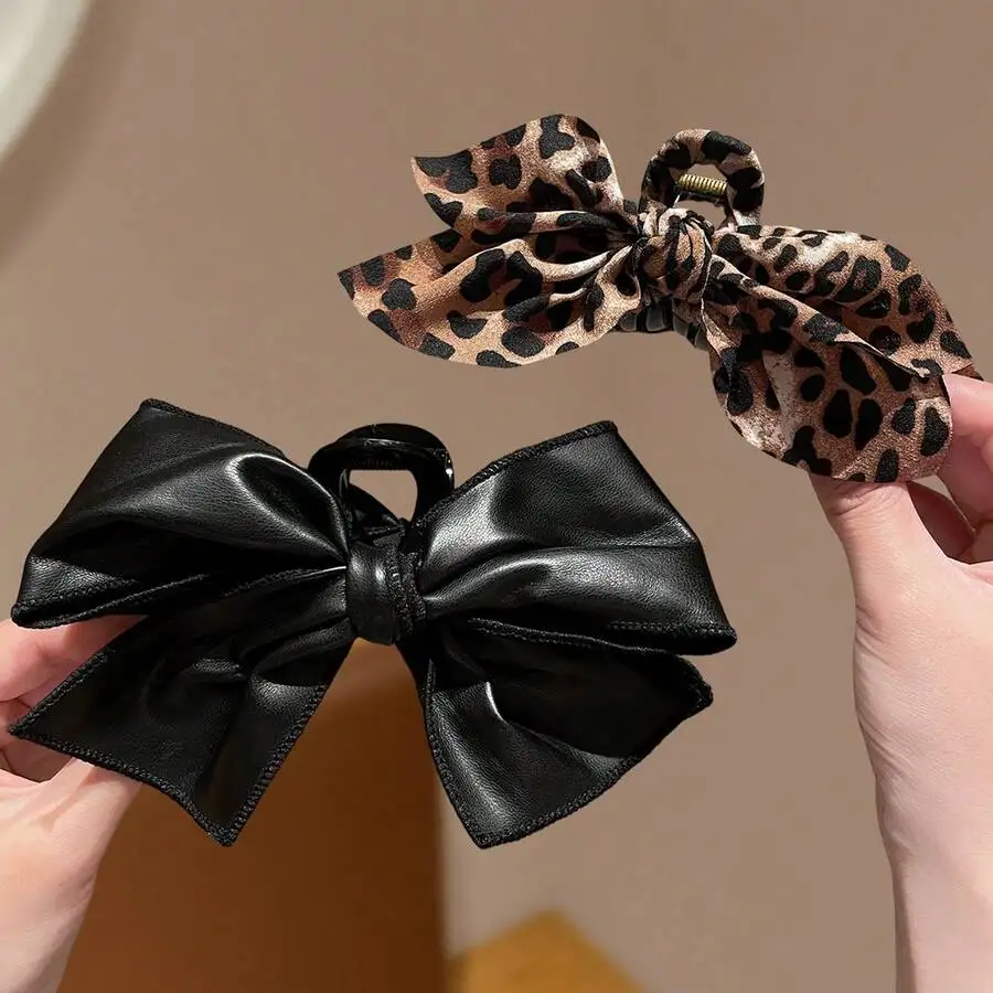 

Womens Bow Hair Clip Leopard Print And Black PU Leather Claw Clip Bohemian Style Summer Beach Accessory
