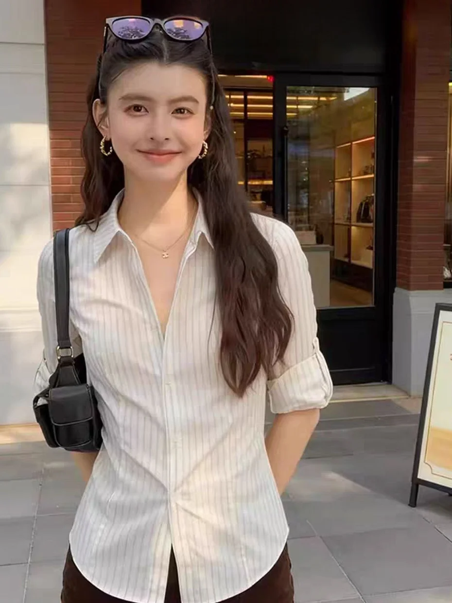 

Slim Fit Striped Shirt Women's Long Sleeve Early Spring Layering Inner Wear Waist Cinched Top French Style Button Detail Poly...