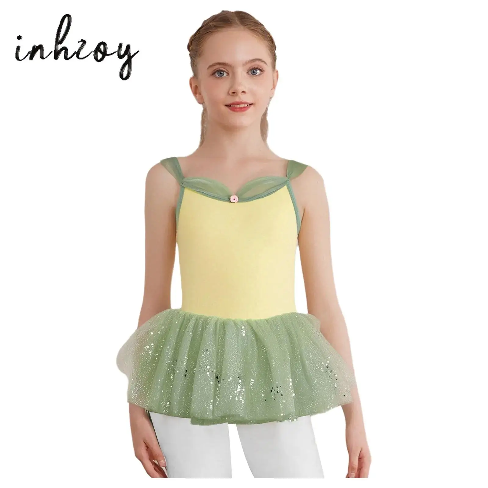 

Kids Girls Ballet Dance Performance Costume Sleeveless Spaghetti Straps Butterfly Back Leotard+Shiny Sequins Tulle Tutu Skirt