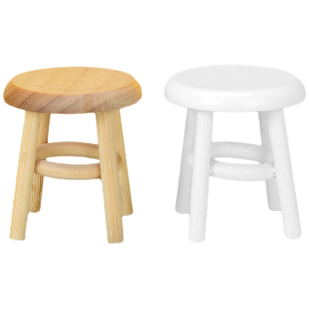 Mini House Chair 1:12 Furniture Model High Stool Ornaments Miniature Play Accessories (wood Color + White) 2pcs Barstools