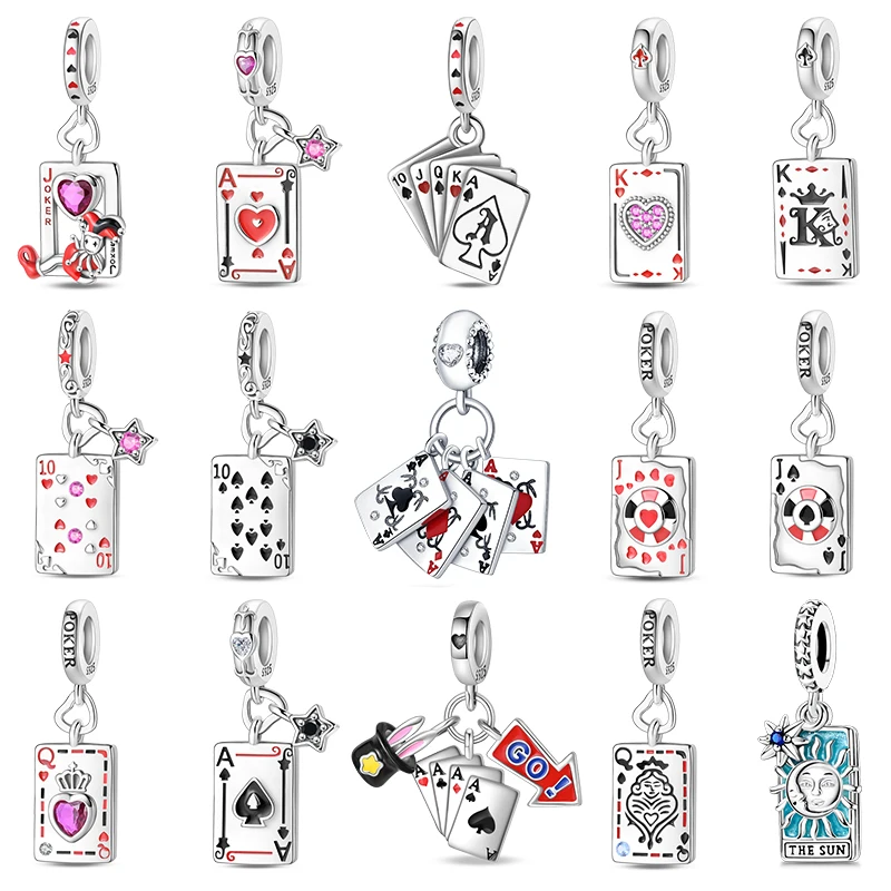 Silver Charms Beads Playing Card Spade Heart Joker Pendant Beads Fit Bracelets Bag Keychain Charms Diy Women Gift Accessory