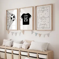 Blue Football and Goal Poster Green Football Field Map Jersey Poster Nordic Wall Art Canvas Painting for Kids Room Prints Decor
