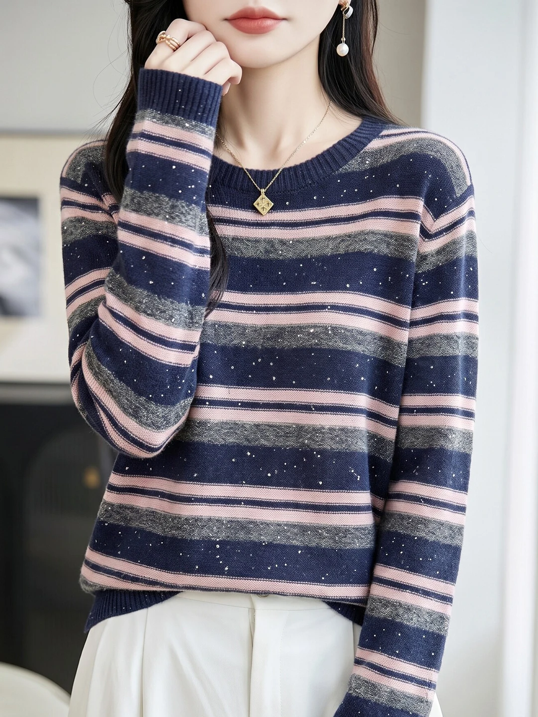 Casual Korean Style Glitter Stripe Knitwear Women's Loose Long Sleeve Base Layer Top Slimming Effect Coffee Color Sweater