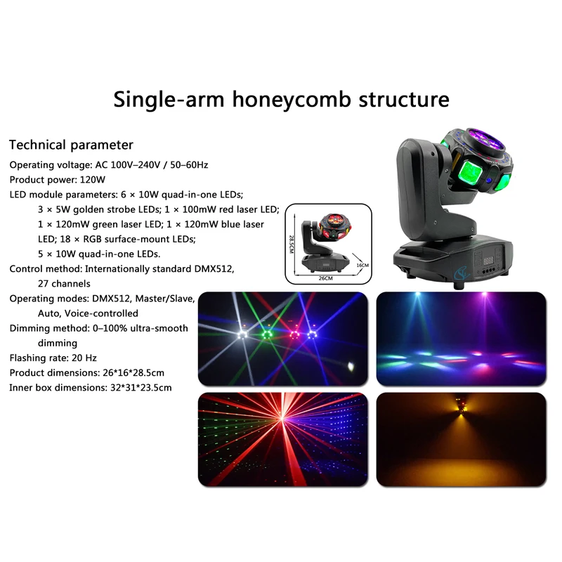 120W Professional Stage Effect Lights DMX512 Sound-Activated Disco Light Single Arm Rotating Moving Head DJ Party Festival Lamp view 6