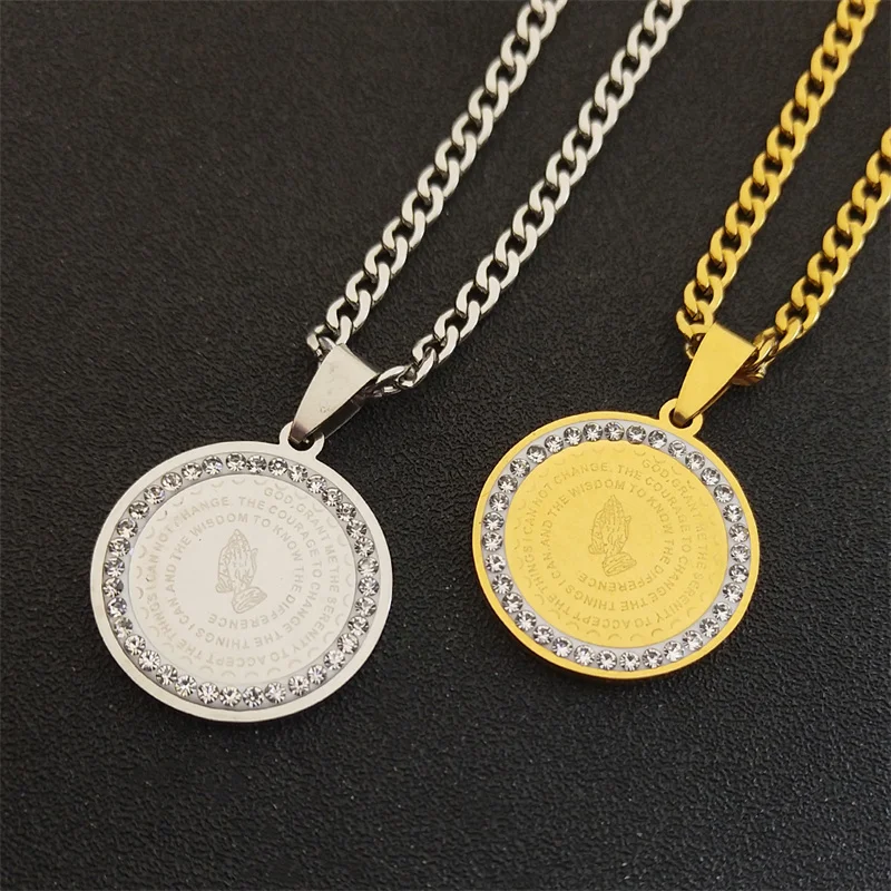 Männer Bibel Vers Gebet Gott Glaube Halskette Edelstahl Gold Farbe Christian betende Hände Medaille Anhänger Halsketten Schmuck