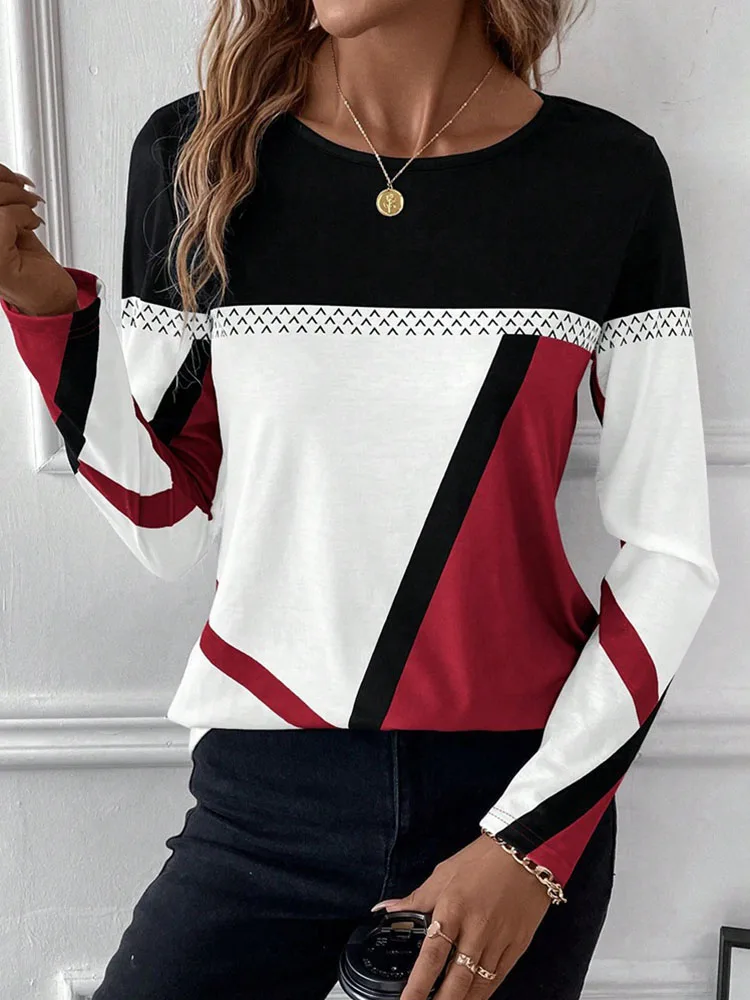 Women\'s Geometric Print T-Shirt Fall O Neck Casual Loose T Shirt Fashion Long Sleeve Shirts For Women Tee Spring Simple Clothing