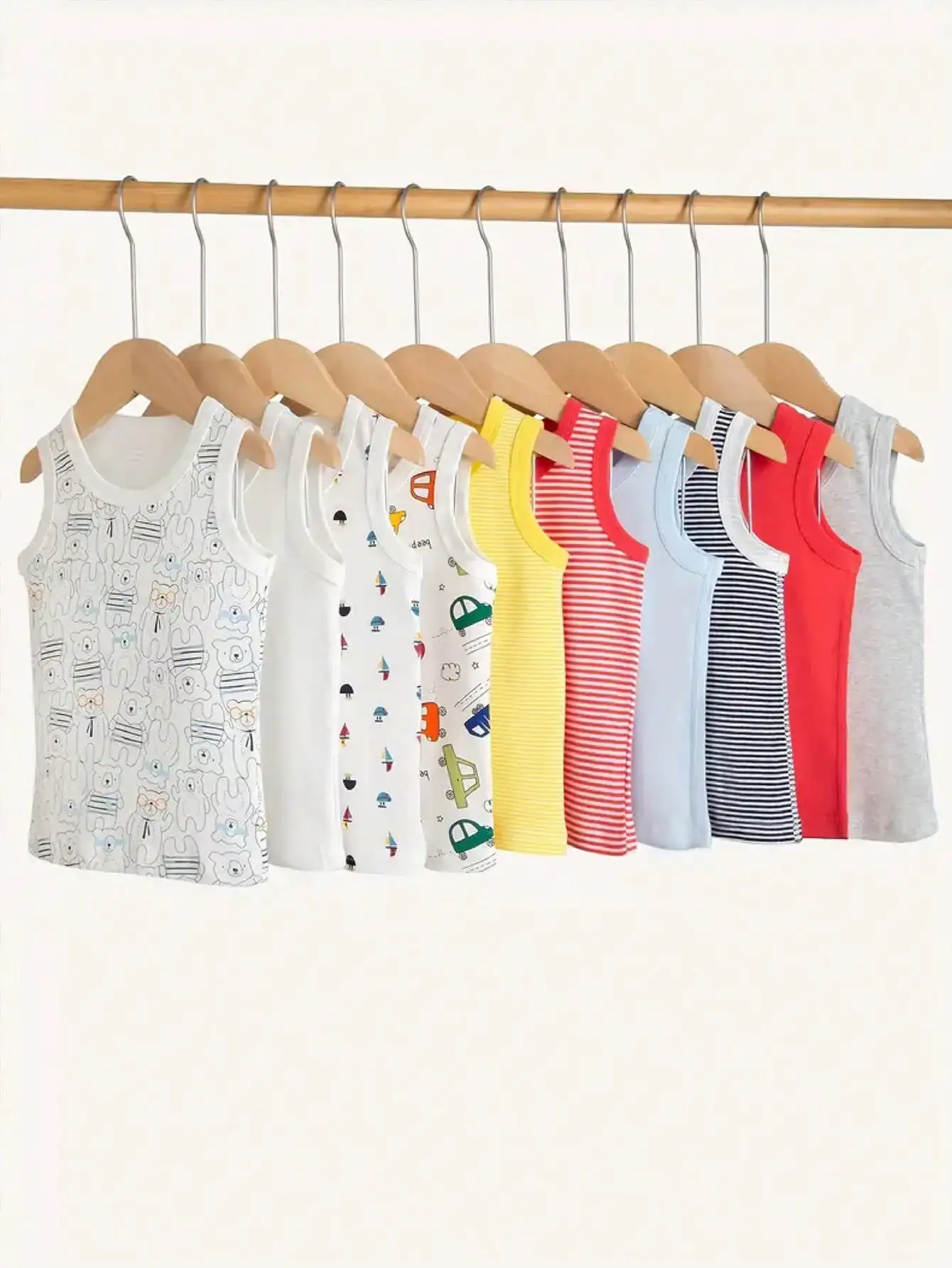 10 piece set of boys' casual ribbed knitted vest, soft, comfortable, breathable sleeveless t-shirt