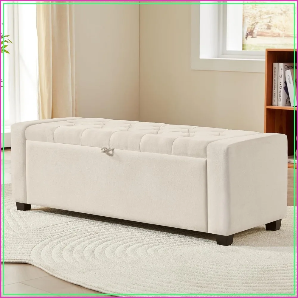 

Linen Storage Ottoman Bench with Tufted Lid, Safety Hinge, 350lb Capacity, Multi-Functional for Bedroom Living Room Entryway, Beige