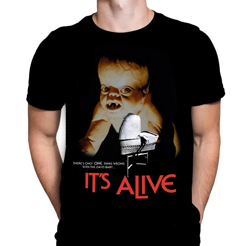 Movie Art  It's Alive  Black Cotton Mens TShirt with Oversized Horror Image  Horror  Suspense  Blood  Action