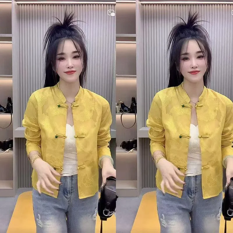 Cienkie koszule z długim rękawem dla kobiet Wiosna 2025 Nowy przemysł ciężki Żakardowe wydrążone topy z kołnierzem z klamrą w stylu retro