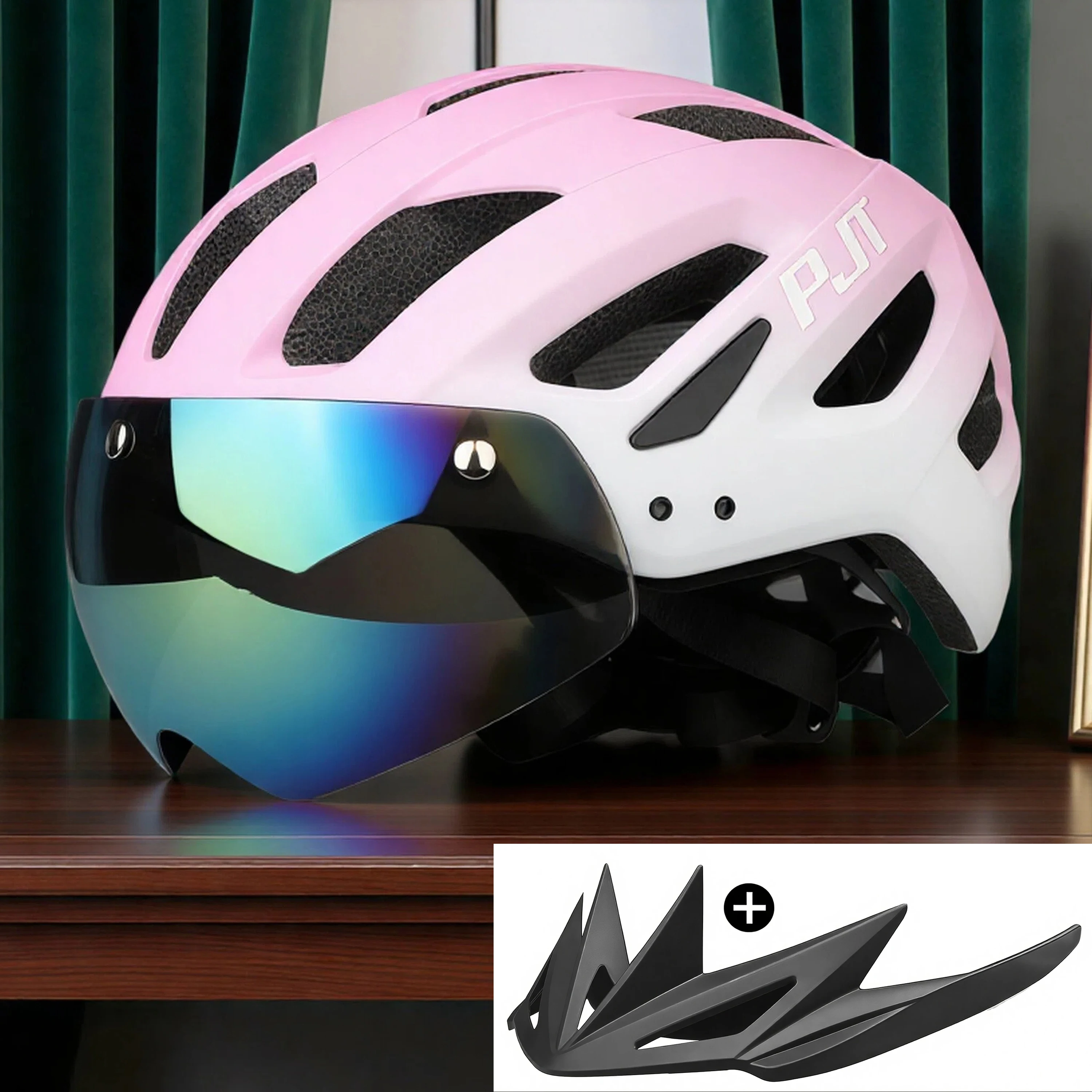 PJT Neuer Fahrradhelm mit Licht für Straße und MTB, Mountainbike-Brille / Sonnenschutz-Helm L für Männer und Frauen, Fahrradhelm mit Sonnenschutz