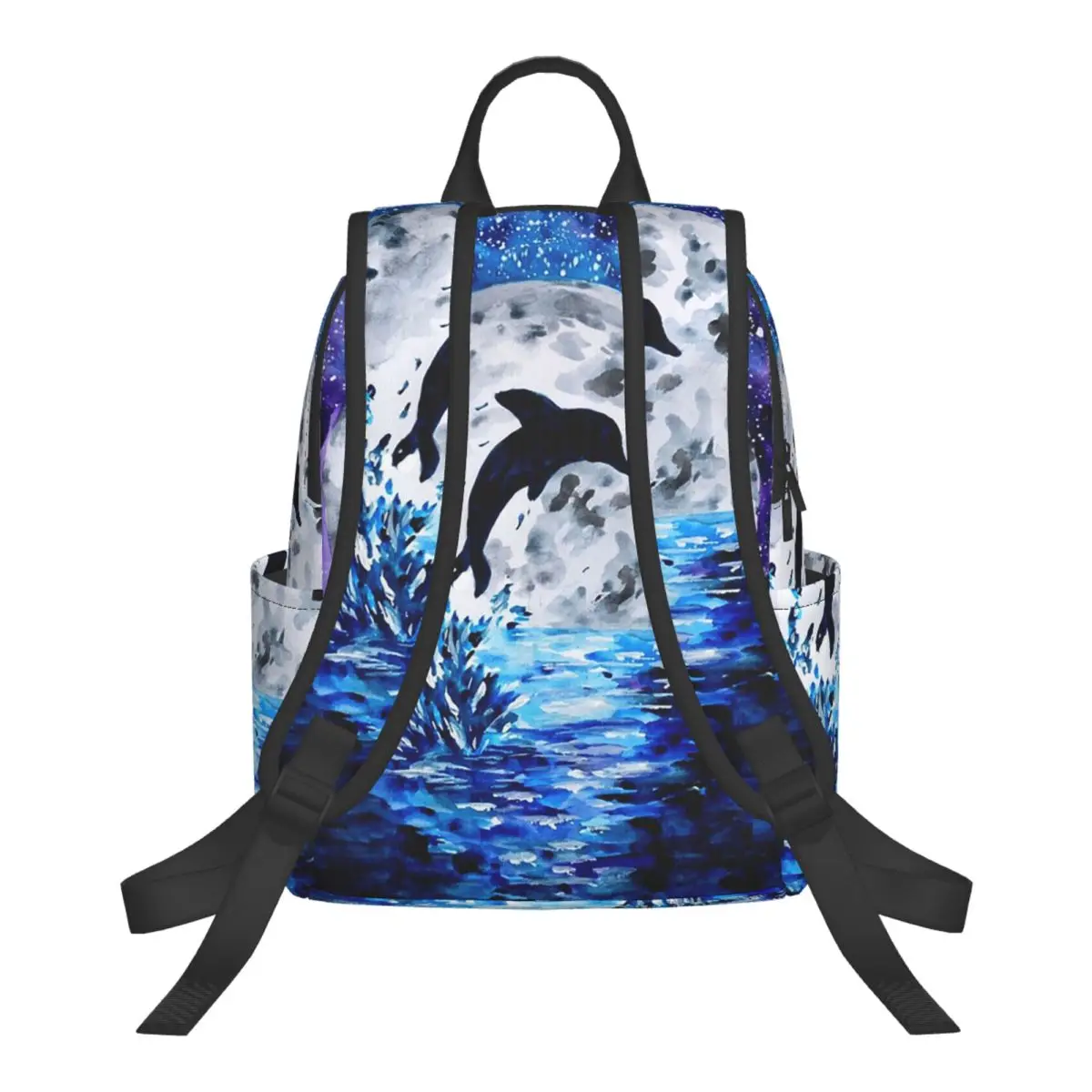Dolphin Jumping Out Of Water And Full Moon Student Backpack School Bag Hiking Travel Daypack for Men Women Bookbag Shoulder Bags
