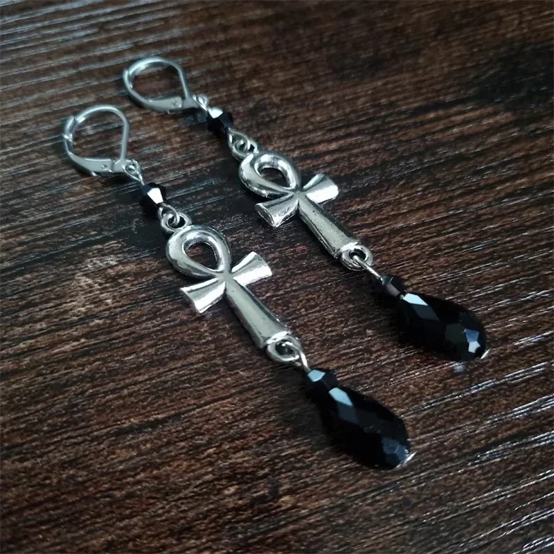 Elegant Gorgeous Gothic Ankh Cross Charm Earrings Black Glass Crystal  Bead Drop Hook Earrings