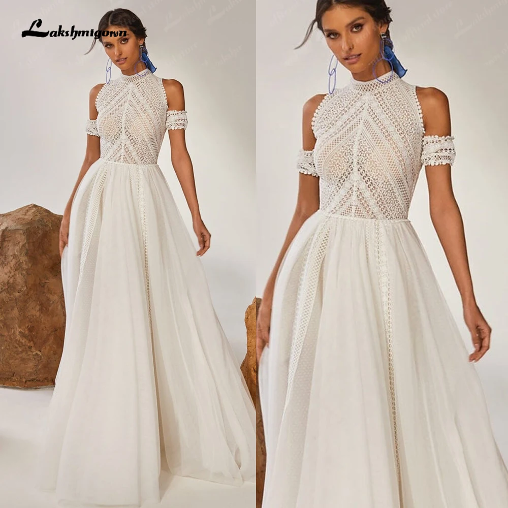 Lakshmigown-vestido de novia bohemio con falda de tul, Top de encaje con cuello Halter personalizado, vestido de fiesta de boda, vestido invitada boda