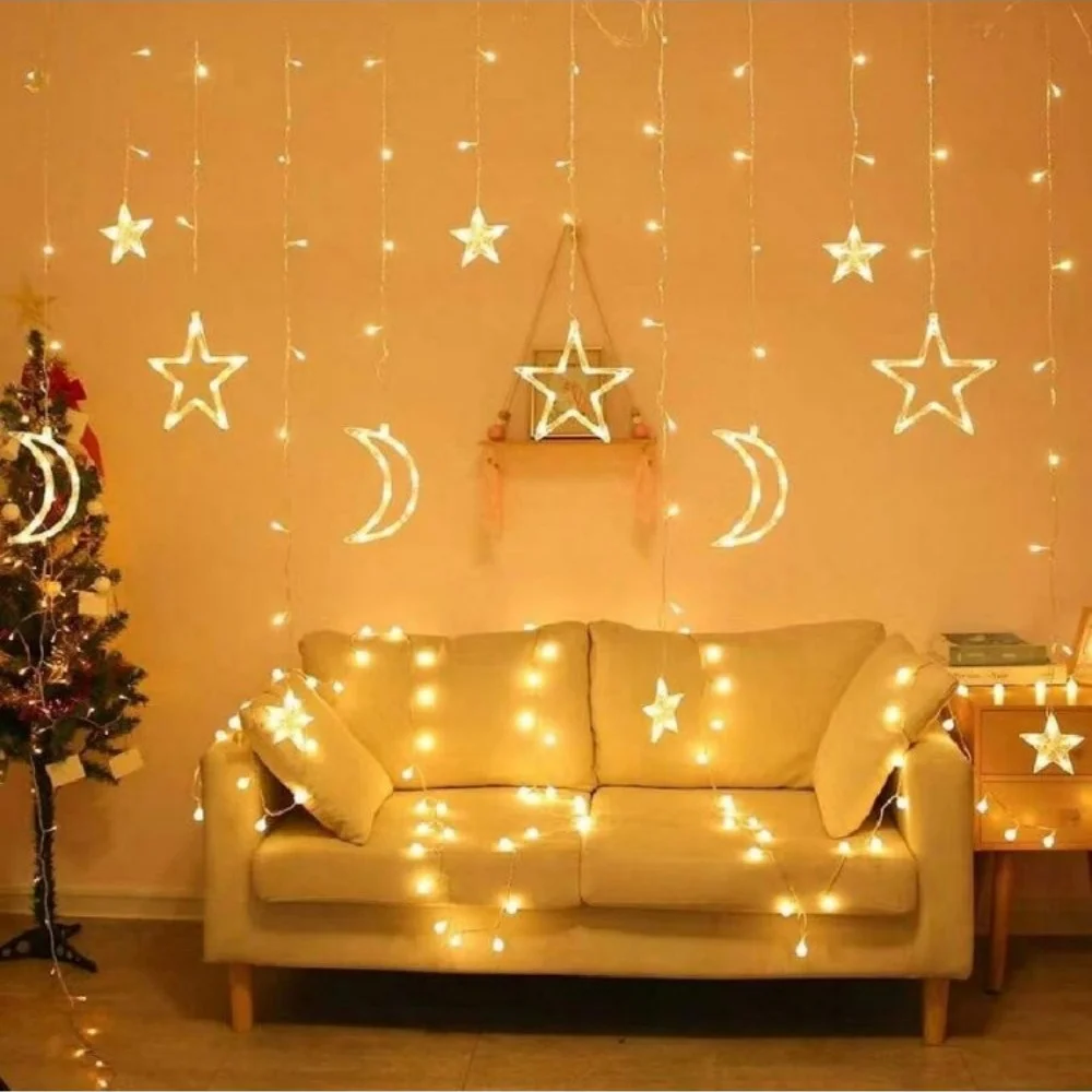 1PC 3.5M120LED Star & Moon LED Curtain Light, Powered by 3 AA Batteries (Excl), Suitable for Bedroom and Room Ramadan Decoration