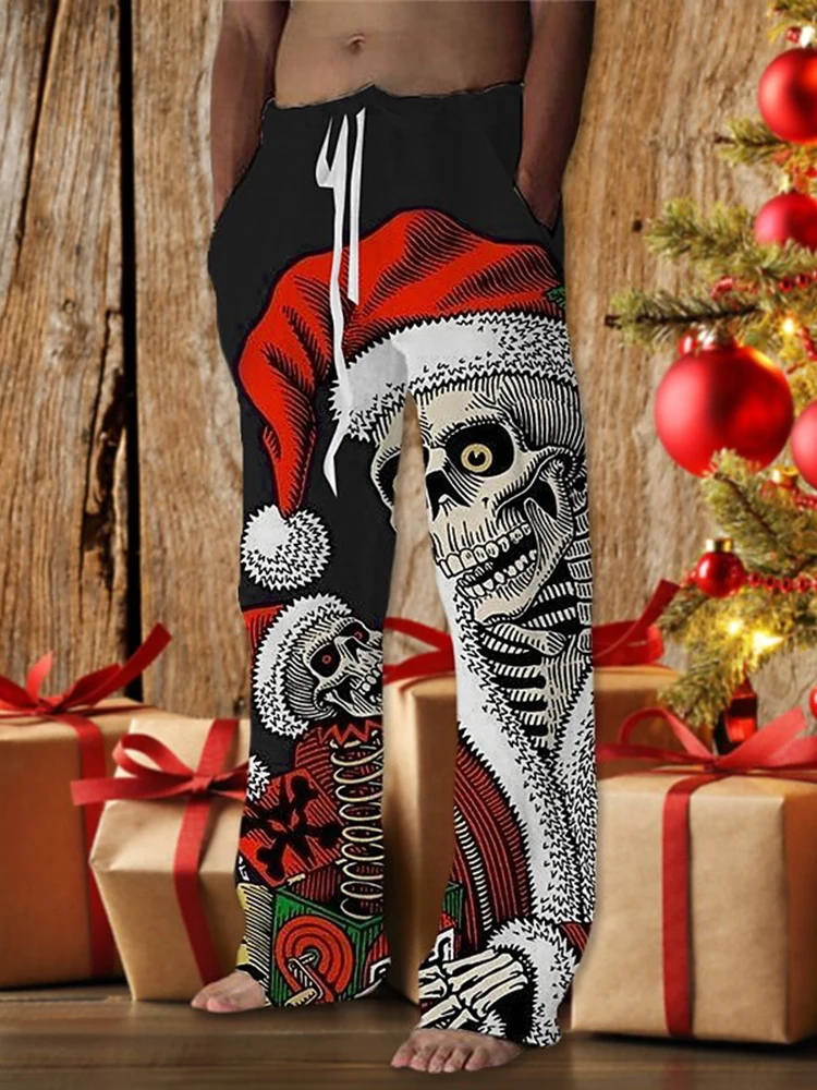 กางเกงลำลองผู้ชายลายหัวกะโหลกตลกๆ สำหรับฤดูใบไม้ร่วงคริสต์มาส ปี 2025 กางเกงลำลองใส่ได้ทุกวันและอเนกประสงค์ มีเชือกผูกเอว ไซส์ S-5XL