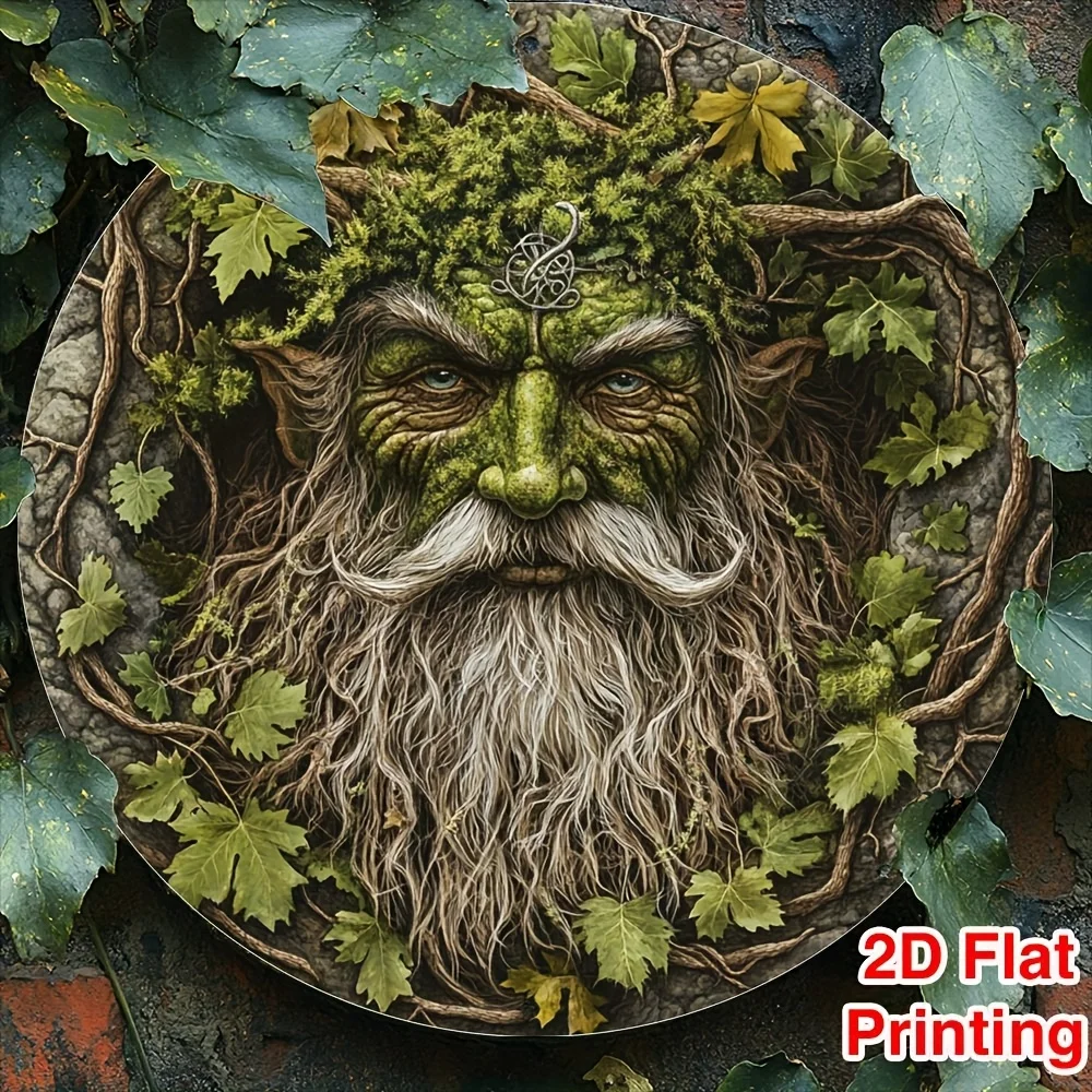 1pc Elf-Themed Round Wreath Metal Wall Art - 8x8 Inch Aluminum Sign with Green Bearded Elf Design, Ideal for Halloween & Christm