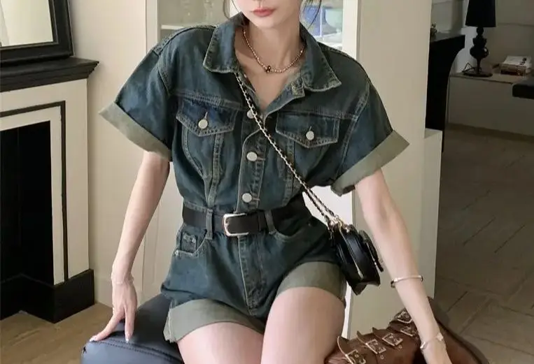 

Short Rompers High-End Niche Design Denim Retro Pants Women Summer 2024 New Chic Waist Hugging A Word Short Skirt