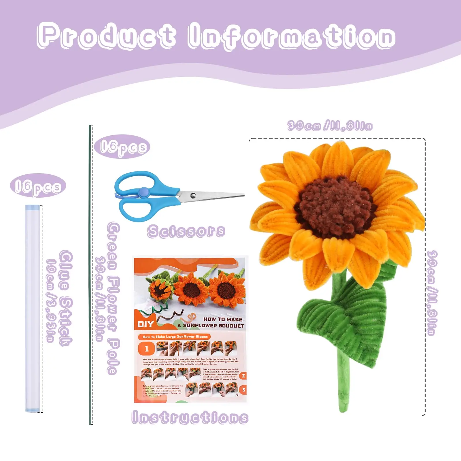 FENRRY 180/430/690 Sunflower Orange Pipe Cleaners Christmas Chenille Stems Pipe Cleaners with Instructions for DIY Art and Craft