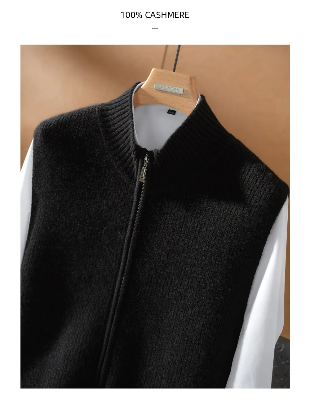Half-high collar 100% pure cashmere sweater vest Men's winter knitted sleeveless sweater with waistcoat stand collar cardigan view 5