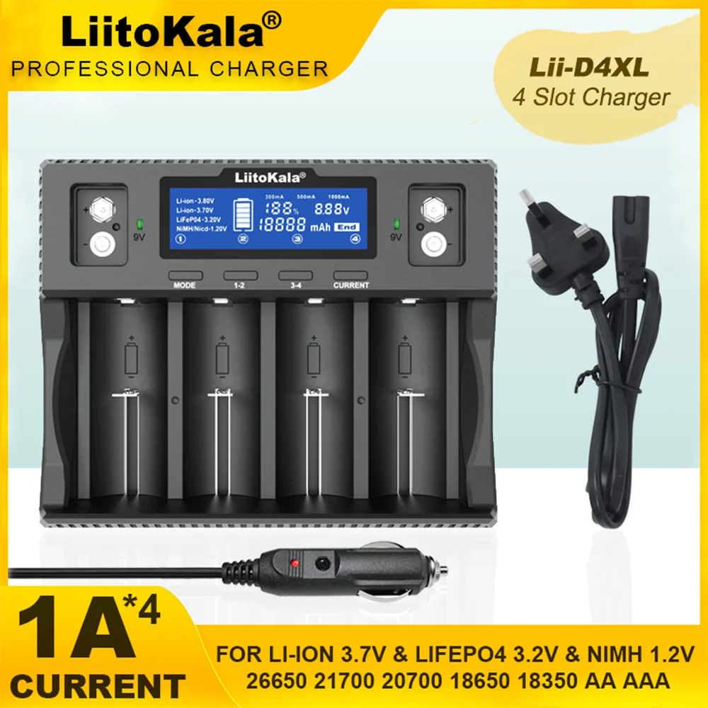 LiitoKala Lii-D4XL Lii-CH2 21700 18650 3.7V Li-ion 3.2V LiFePO4 1.2V NiMH/Cd 26650 26700 32700 9V LCD Display Battery Charger