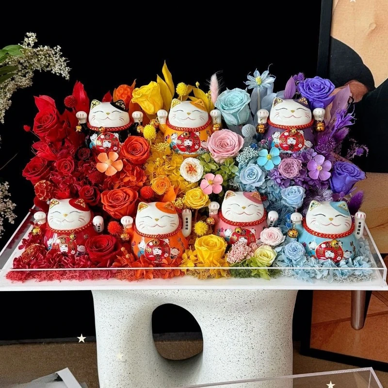 

Lucky cat eternal flower gift box, dried roses, opening housewarming, birthday gift ornament for friends, girlfriends, customers