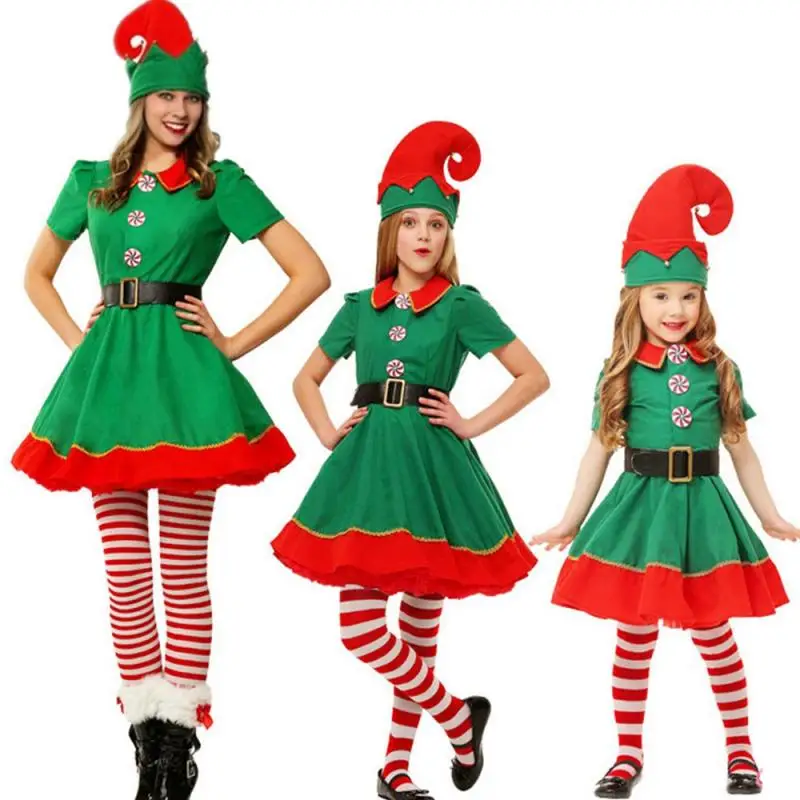 Christmas Elf Costume for Adult Santa Claus Cosplay Elf Hat Shoes Belt Socks Fancy Dress Suit Red Green Men Women Xmas Outfits