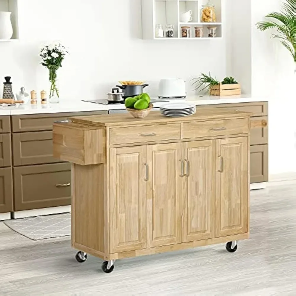 Kitchen Island on Wheels, Natural Hardwood Kitchen Cart with Drawers, Storage Cabinets, and Tool Caddy